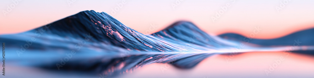 Poster digital rendering of abstract mountain range reflected in water at sunset