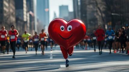Fototapeta premium Character dressed as a red heart running down the street in a marathon.