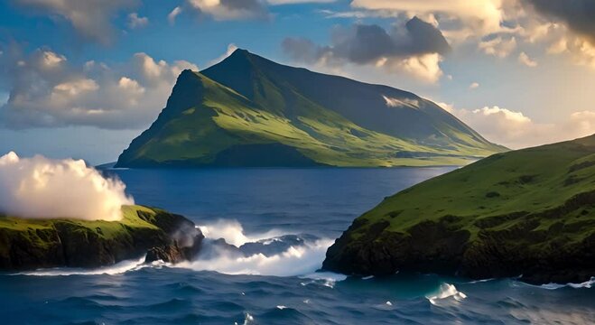 A cinematic hyper realistic shot of Tristan da Cunha showing a lush volcanic island surrounded by the endless deep blue waters 4K