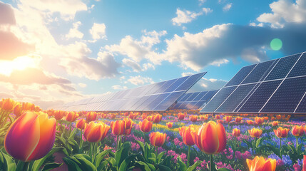 Anime rows of solar panels standing tall in a vibrant tulip field, the flowers in full bloom. Solar Bloom. Illustration