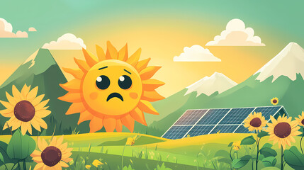 Cartoon illustration of a sun with a worried expression, mountains, a field of sunflowers, and solar panels on a hillside. Solar Bloom. Illustration