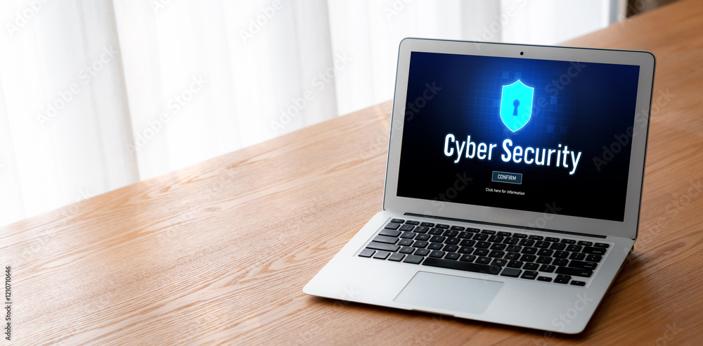 Poster cyber security system on computer screen protect private information snugly from hacker and cyber at