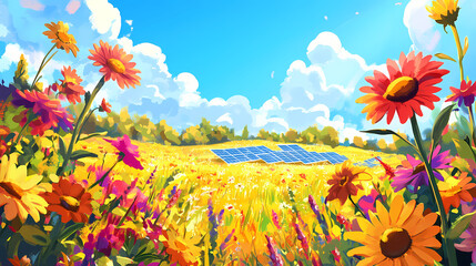 Colorful flowers bloom beside solar panels in a sunny field mobile phone wallpaper. Solar Bloom. Illustration