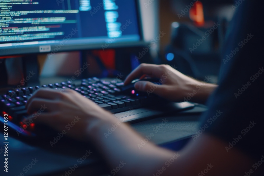 Poster a person working on a computer with a focused expression, sitting in front of a monitor