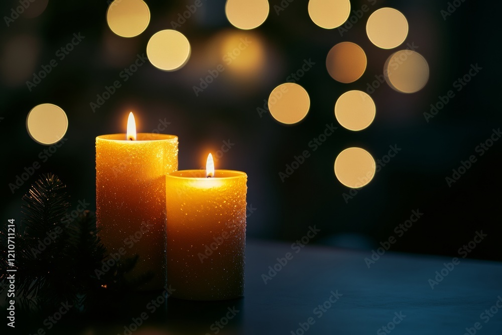 Poster two glowing candles illuminate the darkness, creating a warm and serene ambiance. the soft bokeh eff