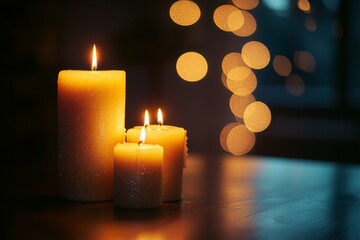 Five glowing candles of varying heights create a cozy atmosphere in a dimly lit room. The soft bokeh in the background adds a touch of magic, enhancing the tranquil ambiance