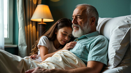 Obraz premium Elderly man resting in bed as young girl shows care and affection in a warmly lit room. Concept of intergenerational bonding, caregiving, and family support in illness recovery