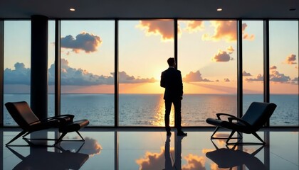 Fototapeta premium Man At Sunset, Ocean View Office, Modern Design, Contemplation