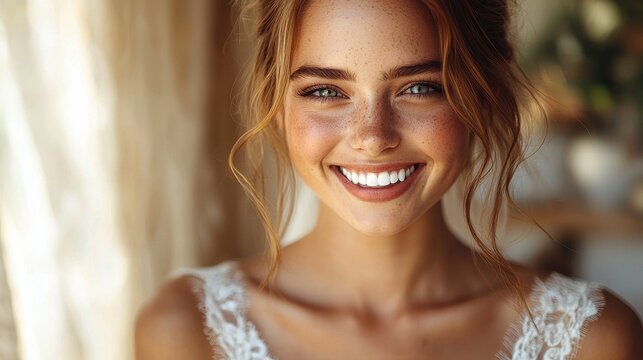 Beautiful bride in natural light smiling radiantly in a soft, elegant setting captured before the wedding ceremony
