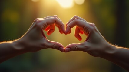 Two hands creating a heart shape in the warm, golden sunlight..