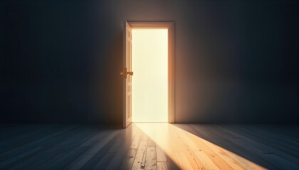 Open door leads to bright light. New opportunity, change concept. Room with wooden floor. Light fills room. Pathway to success, new beginnings. Inspirational image for motivation, hope. Surreal
