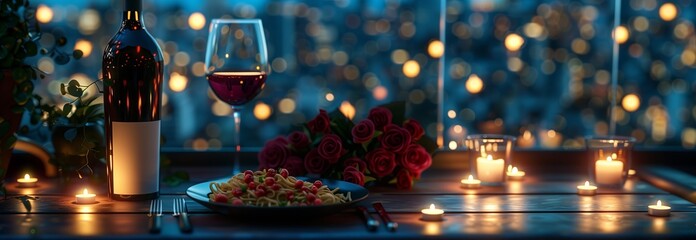 Romantic dinner setting with wine, pasta, and candles creating a warm atmosphere.