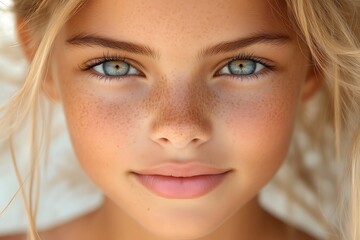 Obraz premium Close-up portrait of a freckled girl with blue eyes and blonde hair.