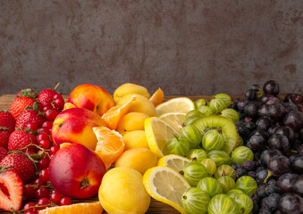 varied berries and fruits. Fresh Fruit and berry blend for smoothies is a healthy eating concept.