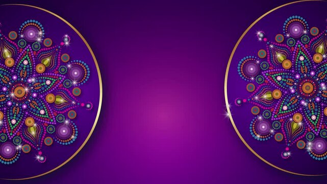 Animation of sparkling Indian rangoli mandala, gold sacred geometry, colorful geometric pattern. Motion Graphics Video Rotating, circles frame purple background, light effects, copy space for text