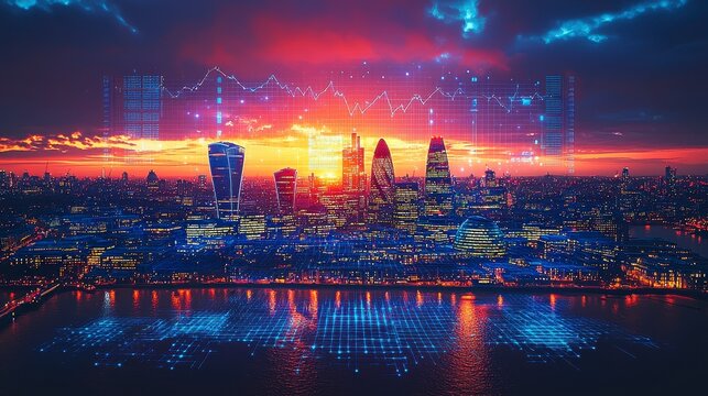London cityscape at sunset with superimposed stock market data.