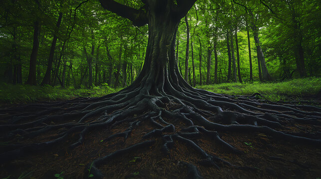 A dark and mysterious forest scene dominated by an ancient ebony tree at the center, its roots sprawling across the ground. Ancient Forest. Illustration