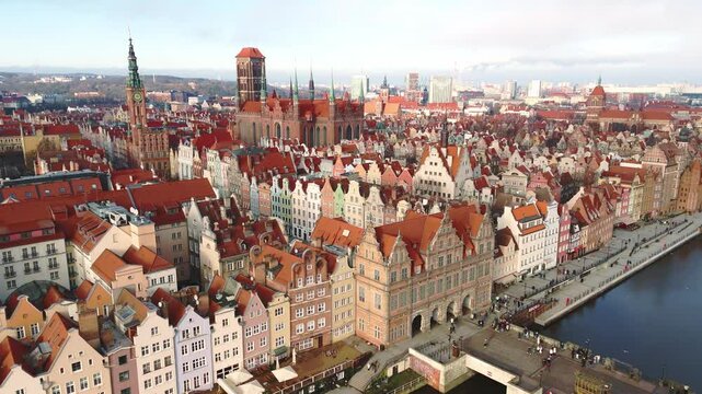aerial view of gdansk historical center on sunny day in winter