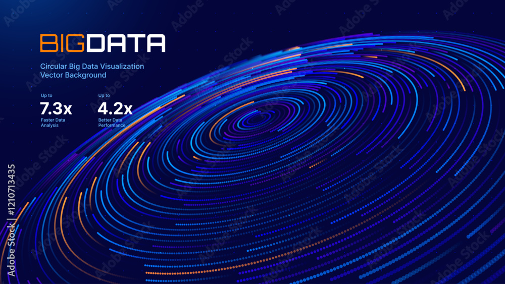 Poster Abstract Digital Technology. Circles Data Flow. Futuristic Circular Sound Wave. Big Data Visualization. 3D Virtual Space VR Cyberspace. Crypto Currency Blockchain Concept. Vector Illustration.