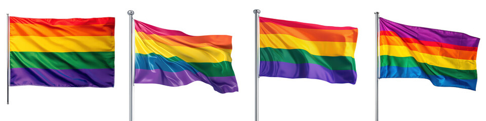 Naklejka premium Four colorful rainbow flags waving in the air, showcasing vibrant stripes in various shades of red, orange, yellow, green, blue, and purple.
