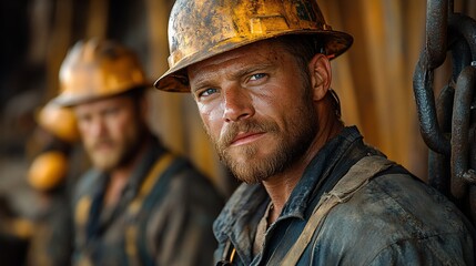 Obraz premium Close-up portrait of a rugged, determined oil worker in a hard hat, with a colleague in the background.