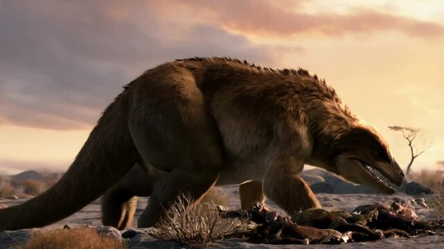 Giant Prehistoric Bear Roaming a Rugged Landscape at Sunset in an Ancient World