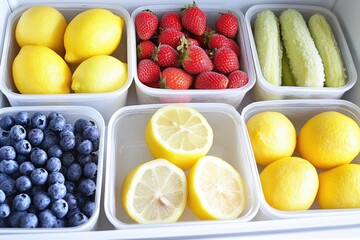 Colorful assortment of fresh produce stored in plastic bins