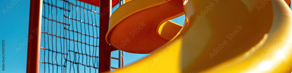 Poster yellow spiral playground slide and climbing net