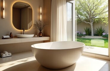 Spacious luxurious bathroom features oval tub, sleek sink with countertop. Large window offers garden view. Modern design with minimal style. Natural light bathes room. Elegant, tranquil atmosphere