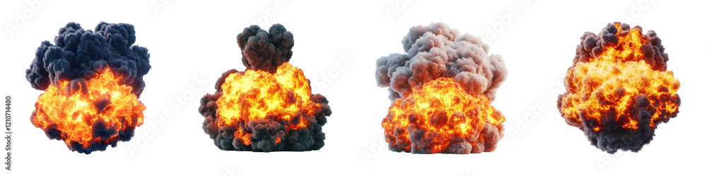 Poster a series of explosive fireball clouds showcasing various stages of a large explosion.