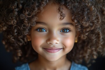 Fototapeta premium A close-up shot of a young child with curly hair, looking directly at the camera