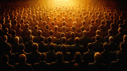 Obraz premium Large crowd of businesspeople in suits viewed from behind, standing in ordered rows with dramatic golden backlighting. Concept of corporate uniformity, workforce, and organizational structure.