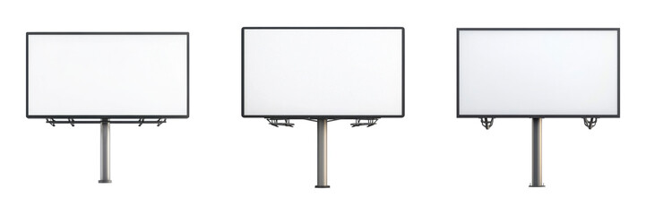 Three blank billboards displayed in a row, showcasing their flat surfaces and supportive structures.