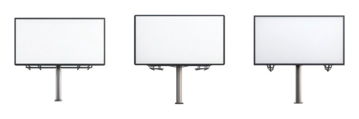 Three blank billboards displayed in a row, showcasing their flat surfaces and supportive structures.