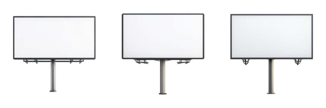 Three blank billboards displayed in a row, showcasing their flat surfaces and supportive structures.