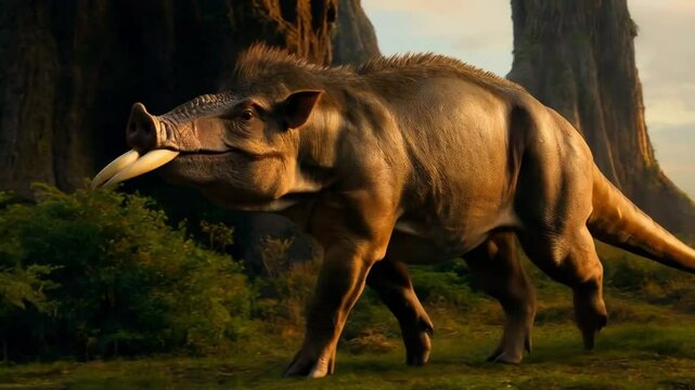 Majestic Prehistoric Creature Roaming Through a Beautiful Ancient Landscape at Sunset