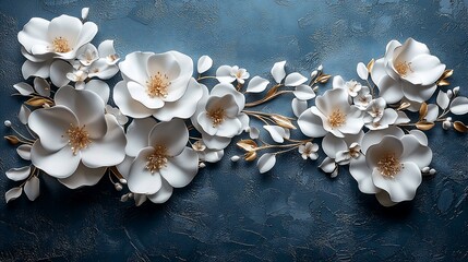 3D white flowers with gold accents on blue textured background.