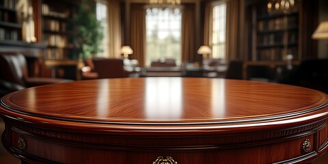 Polished wood round table in luxury library.