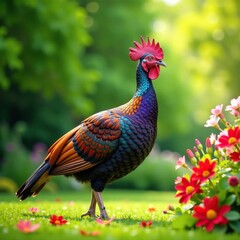 Fototapeta premium Cabeza y cuello de pavo real en una mesa de jard?n con flores frescas, mesa, pavo real
