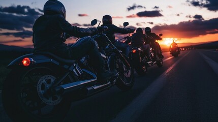 A group of motorcyclists ride together on a winding road, possibly on a scenic tour or club event