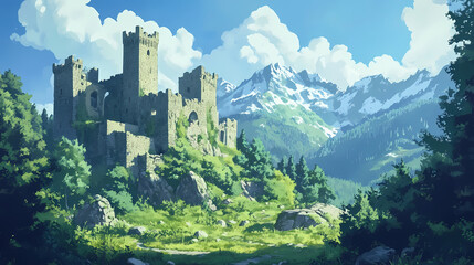 Ancient castle ruins in a beautiful forest. Ancient Forest. Illustration