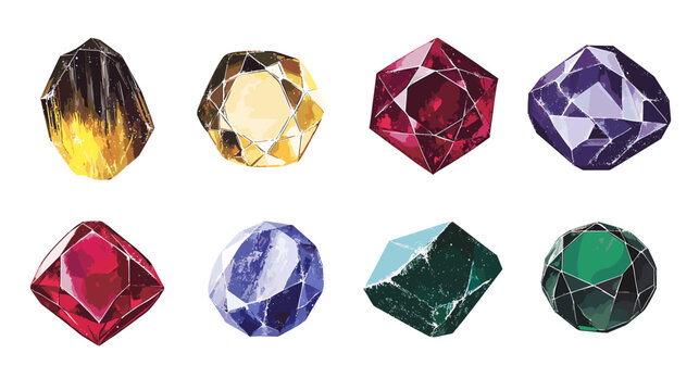 Vector set of precious expensive stones of different crystals shapes sapphire diamond ruby ​​crystal carat emerald yellow green blue gold pearl sparkles on a white background