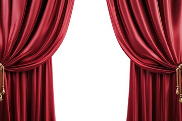 A pair of luxurious red theater curtains with a slight sheen pulled back to reveal a white background