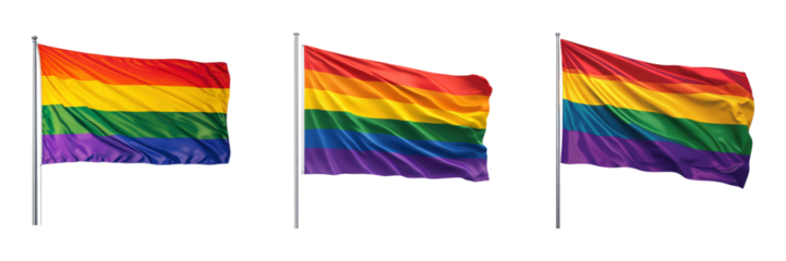 Three rainbow flags waving in unison, showcasing vibrant colors of red, orange, yellow, green, blue, and purple.