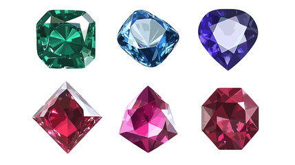 Fototapeta premium Vector set of precious expensive stones of different crystals shapes sapphire diamond ruby ​​crystal carat emerald yellow green blue gold pearl sparkles on a white background