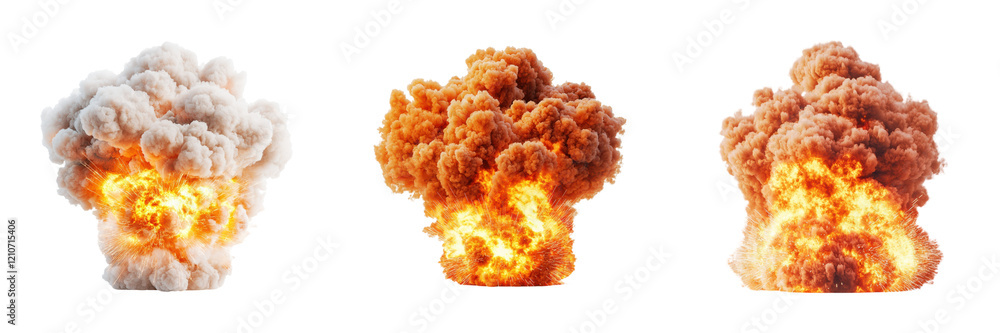 Poster a series of explosive smoke clouds in varying colors and intensities, depicting the dynamic nature o