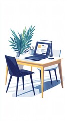 Modern Home Office Setup with Laptop, Potted Plant, and Stylish Chairs