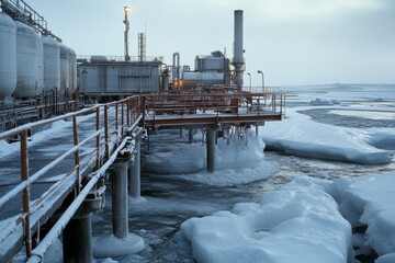 Obraz premium An Arctic industrial facility stands amidst icy surroundings, the stark architecture merging with a frozen seascape and muted sky.