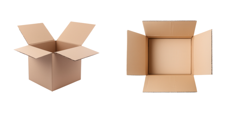 Two cardboard boxes in different orientations, one opened and the other in a closed position, showcasing their structural alternative.