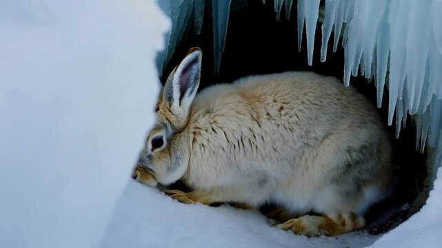 Snowy Rabbit Resting in an Icy Burrow During Winter in a Serene Snowy Landscape
